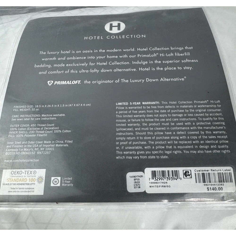 Hotel Collection Primaloft Luxury Down Alternative Firm Standard/ Queen Pillow